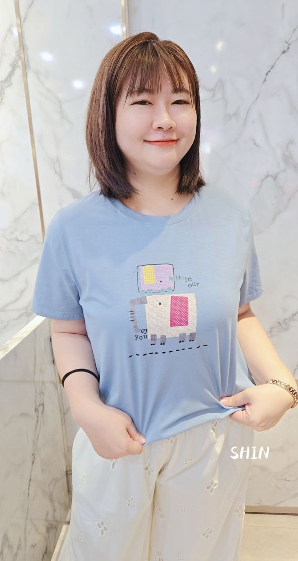 日系拼布大象竹節冰瓷T(墨灰/水藍) 