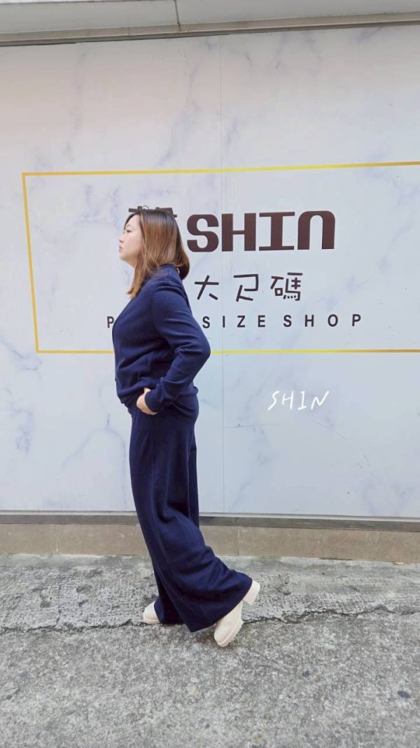 假兩件針織上衣寬褲套裝(深藍/灰) 