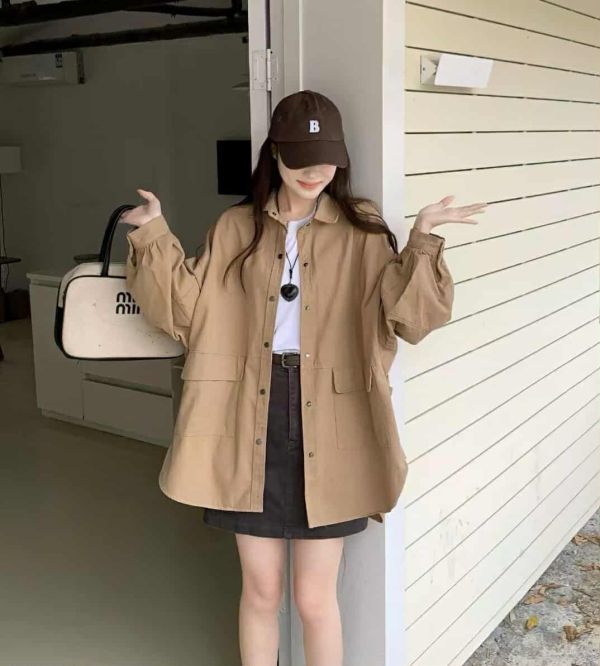 下雙口袋排釦襯衫(咖/杏/綠) 