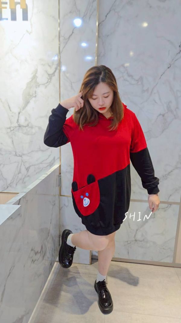 熊熊拼接長版帽T(紅/咖) 