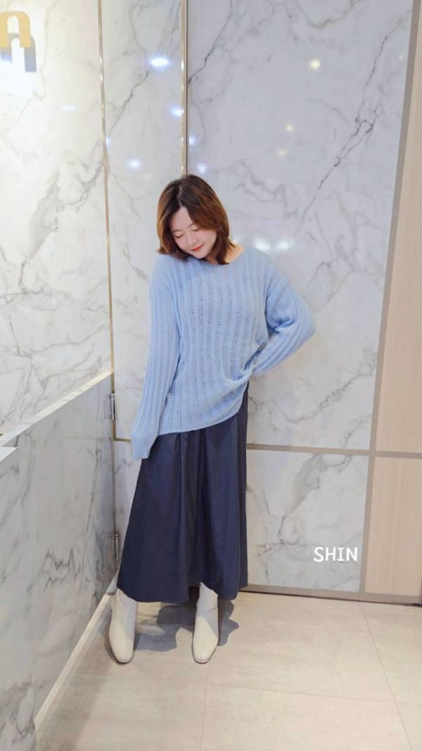 直紋針織衣+雪紡長版洋(粉/藍/灰) 