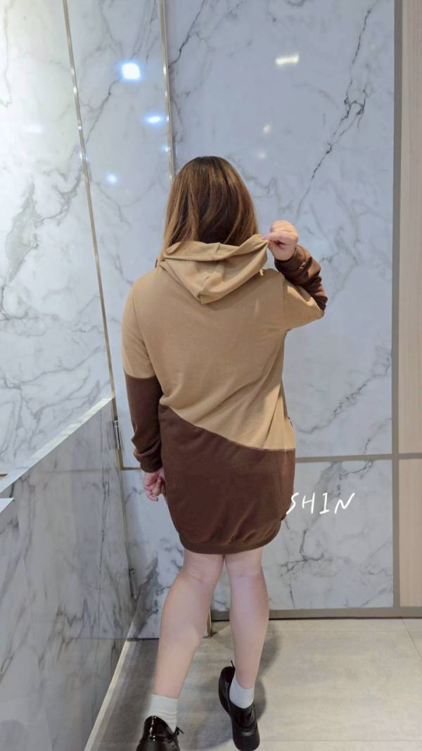 熊熊拼接長版帽T(紅/咖) 