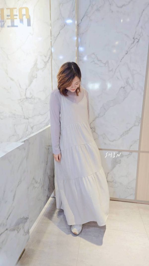 透膚木耳邊+細肩吊帶蛋糕洋(杏/灰/黑) 