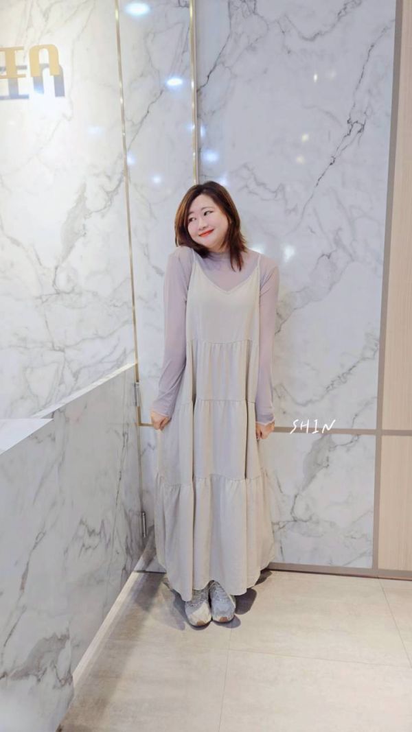 透膚木耳邊+細肩吊帶蛋糕洋(杏/灰/黑) 