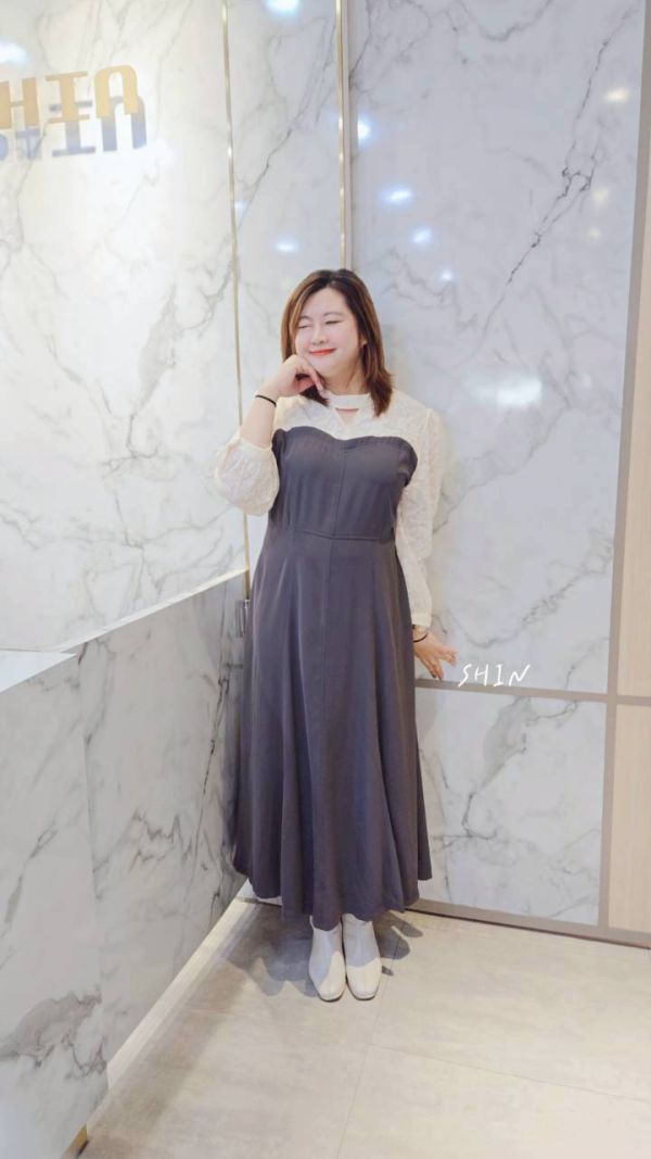 絕美蕾絲拼接綁帶長洋(奶茶/深灰) 