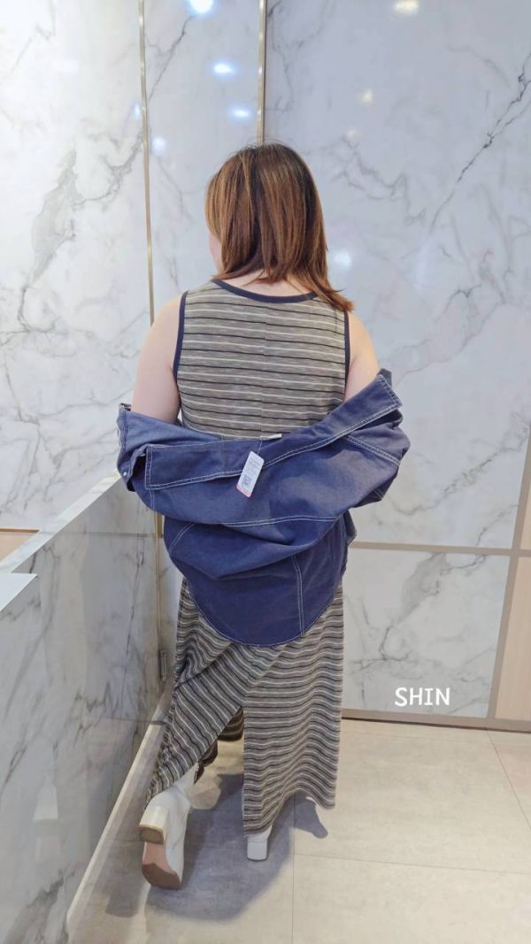 條紋長版洋+愛心襯衫外套(藍/酒紅) 