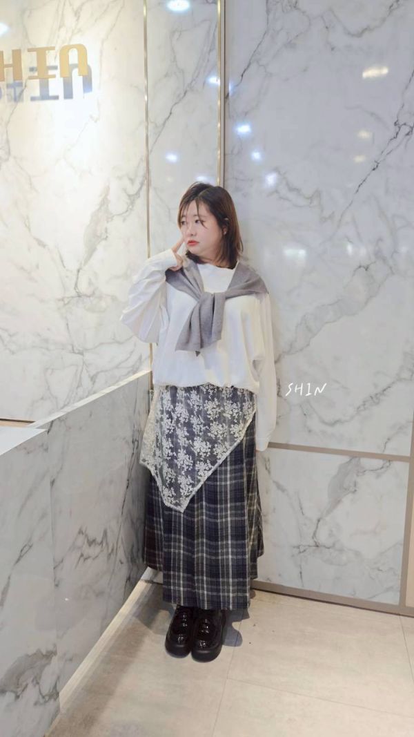 韓版毛呢格拼蕾絲長裙(咖/黑灰) 