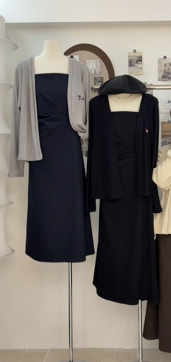 會被稱讚的收腰長洋裝+小罩衫(深藍/黑) 