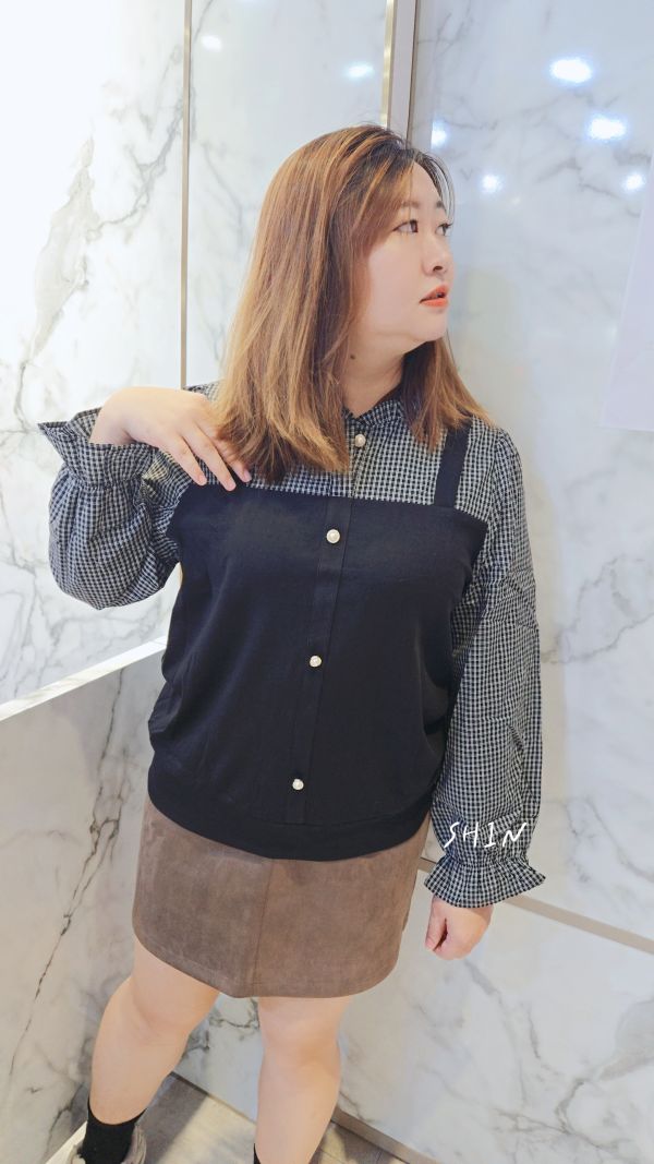 日系格紋假兩件上衣 