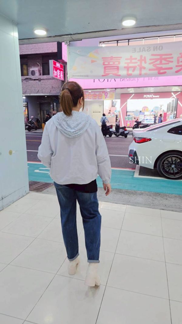 蕾絲拼接連帽工裝外套(黃/藍) 