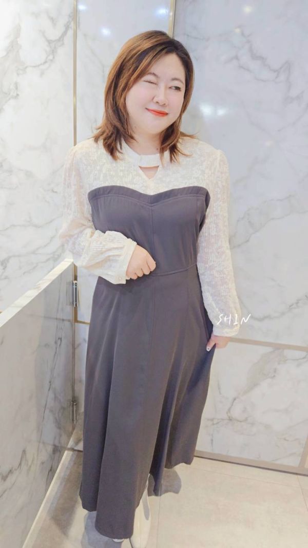 絕美蕾絲拼接綁帶長洋(奶茶/深灰) 