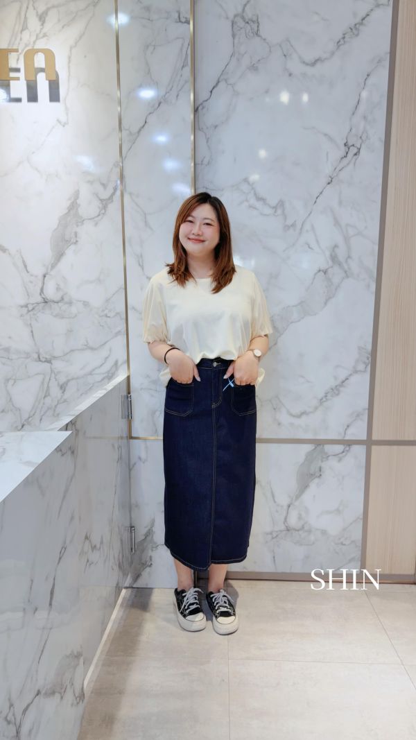 大口袋明線後開衩牛仔長裙 