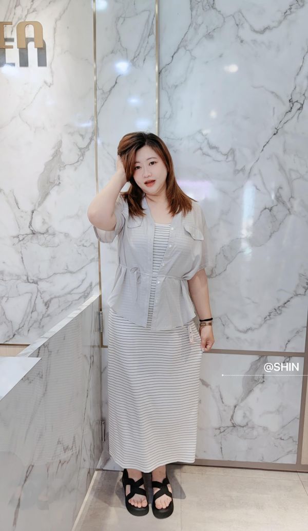 俐落的條紋背心長洋短襯衫套裝(黃/藍/白/灰) 