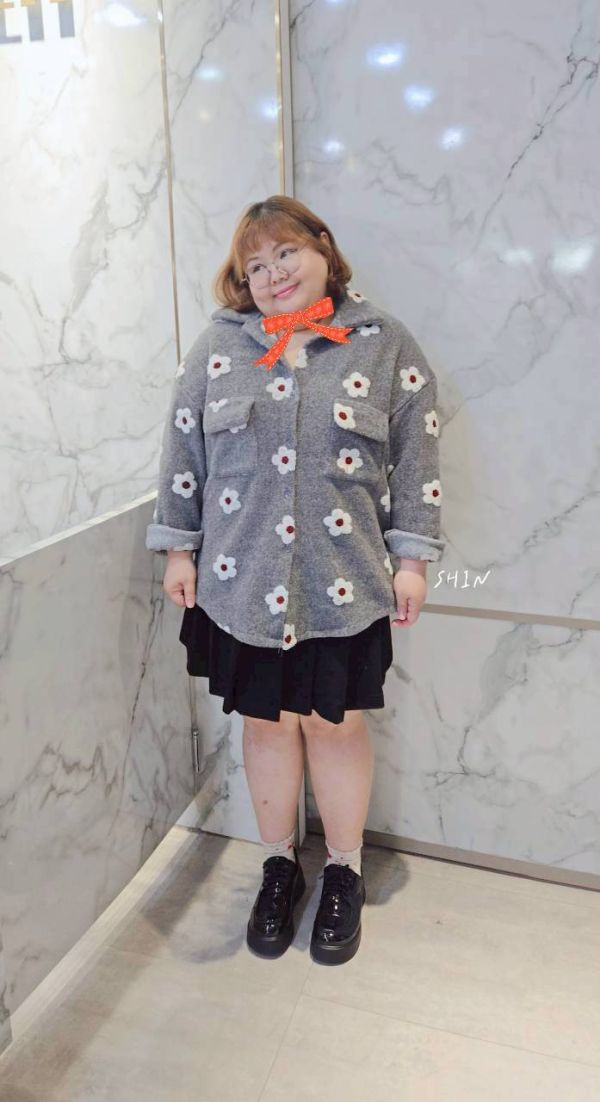 印小花花毛毛襯衫(灰/深藍) 