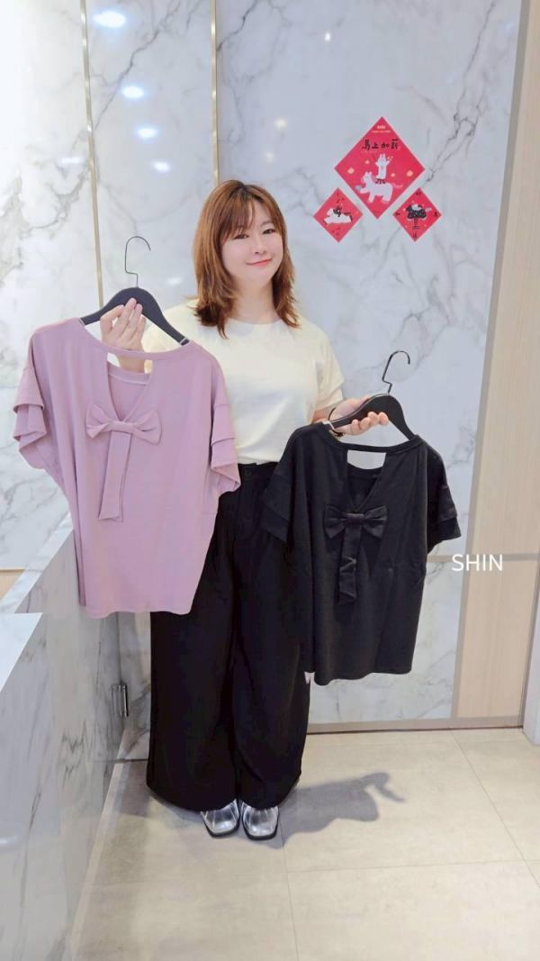 水水後蝴蝶結素T(紫/黑/杏) 