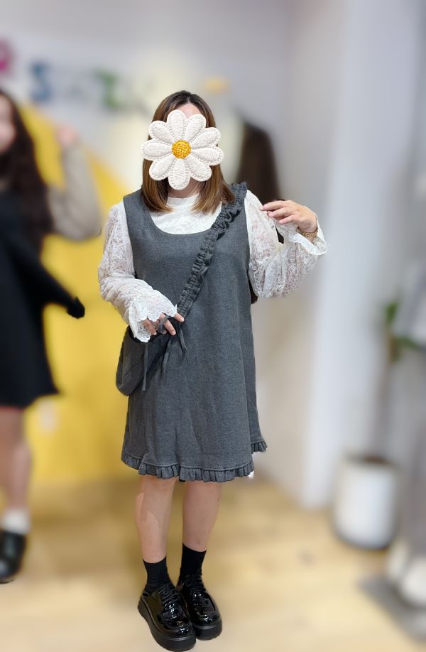 小女孩的學院風毛呢洋裝附包包(灰/黑) 