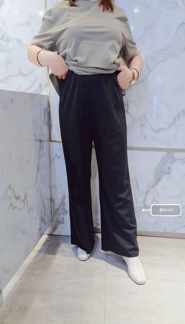 正韓太空棉鬆緊微喇叭長褲(黑/咖) 