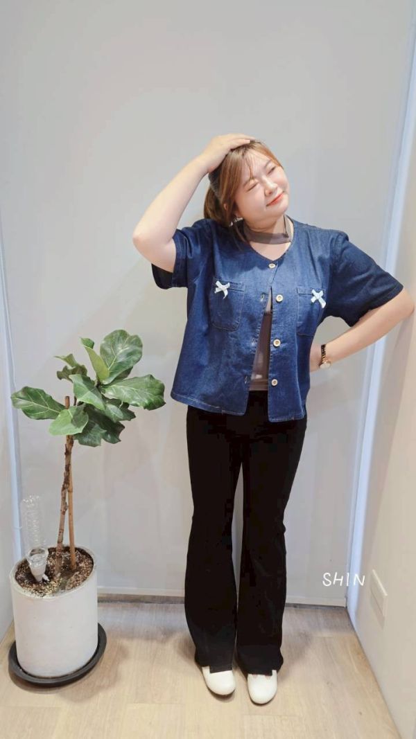 蝴蝶結牛仔短袖襯衫 