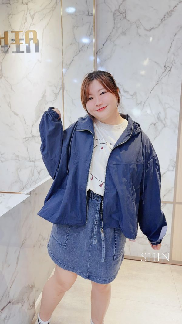 小中性帥連帽風衣外套(深藍/白) 