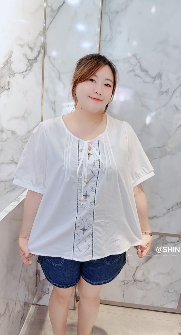 復古民俗風刺繡亞麻上衣(白/藍) 