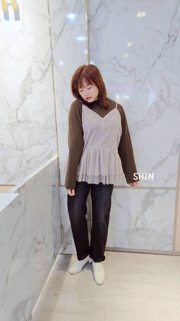 拼接吊帶網紗背心(灰/杏) 