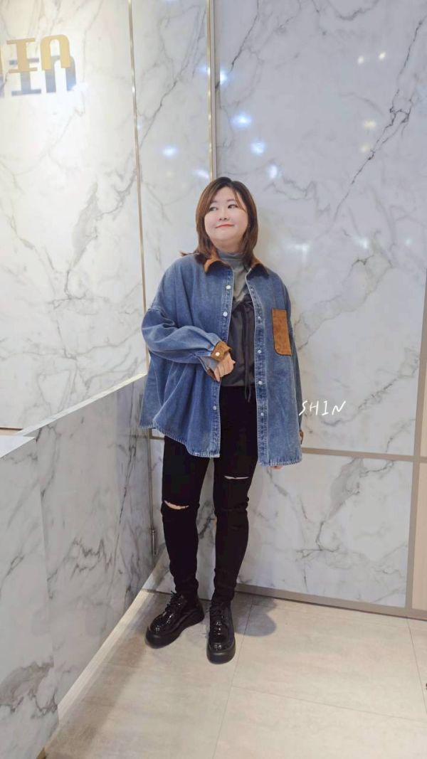 韓版撞色領刷毛襯衫(黑/藍) 