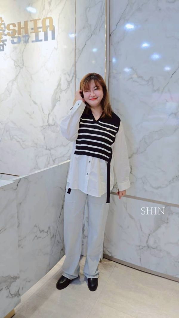 毛織拼接襯衫女假兩件(藍/白/杏) 