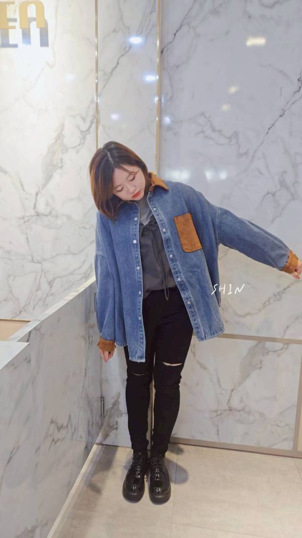 韓版撞色領刷毛襯衫(黑/藍) 