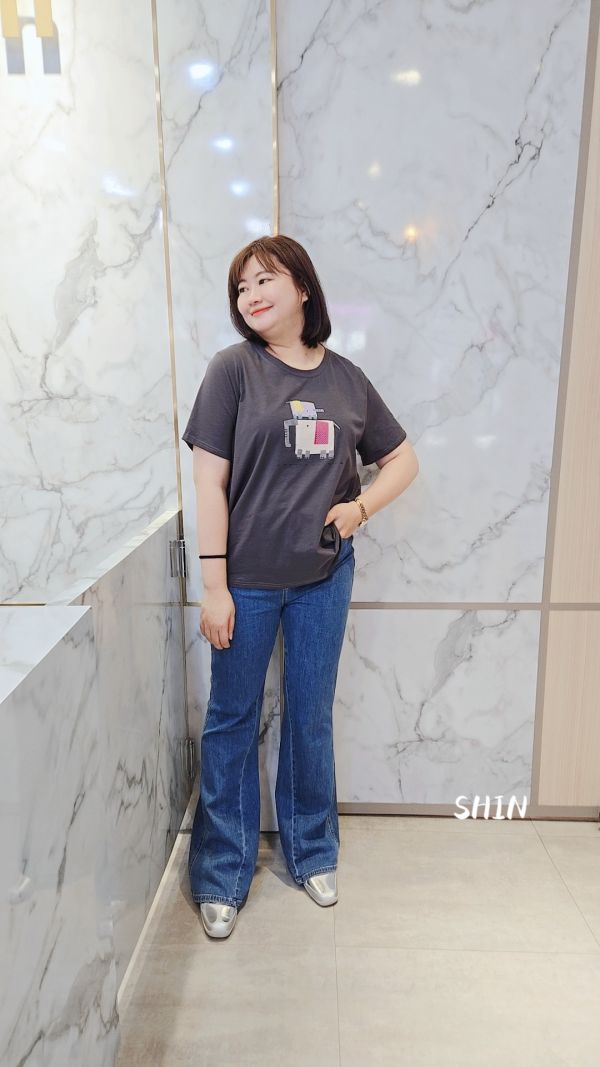 日系拼布大象竹節冰瓷T(墨灰/水藍) 