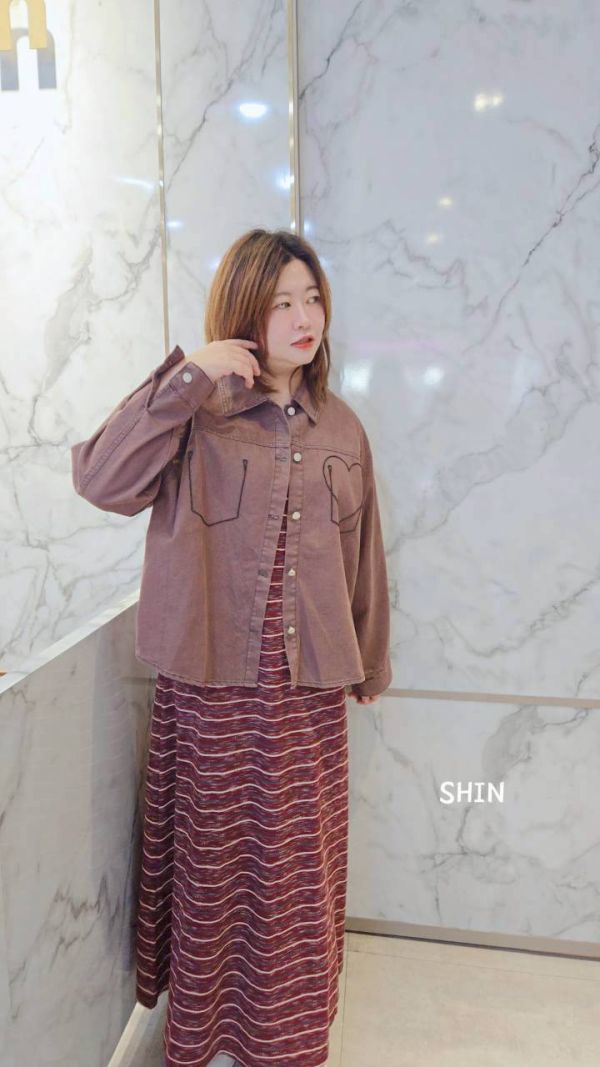 條紋長版洋+愛心襯衫外套(藍/酒紅) 