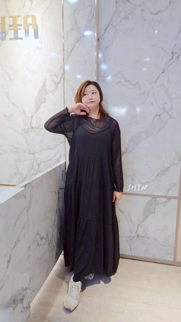 透膚木耳邊+細肩吊帶蛋糕洋(杏/灰/黑) 