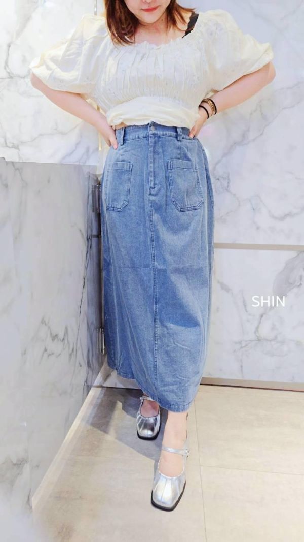 誰都要有的那件前口袋牛仔長裙(淺/深) 
