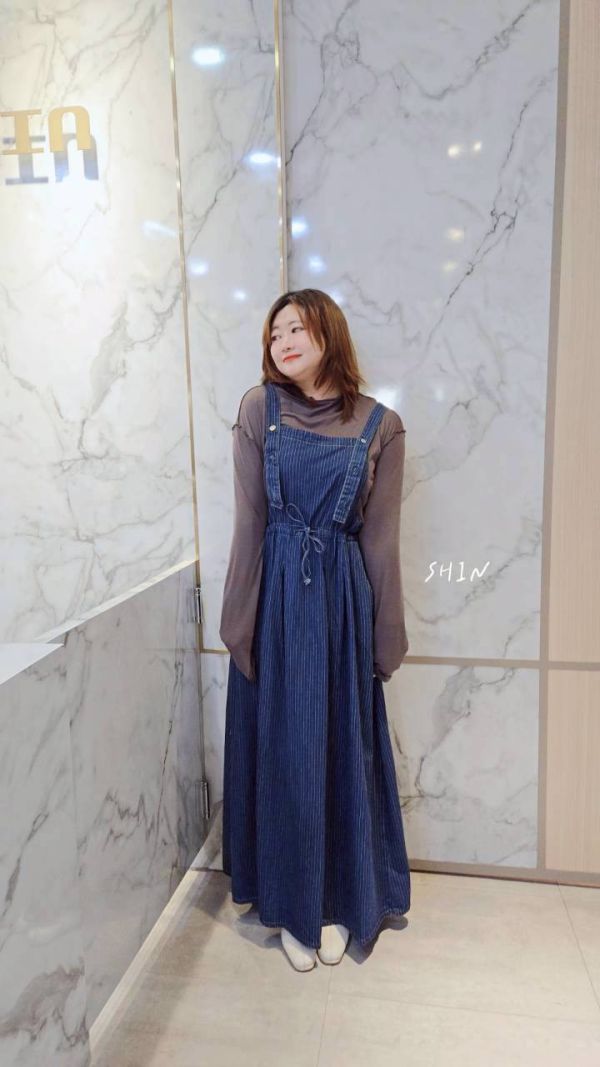 日系直紋牛仔吊帶洋 