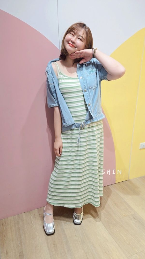 單寧少女復古重工牛仔襯衫+條紋洋 