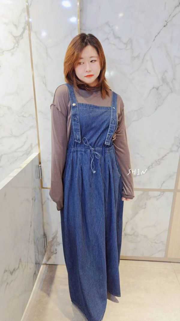 日系直紋牛仔吊帶洋 