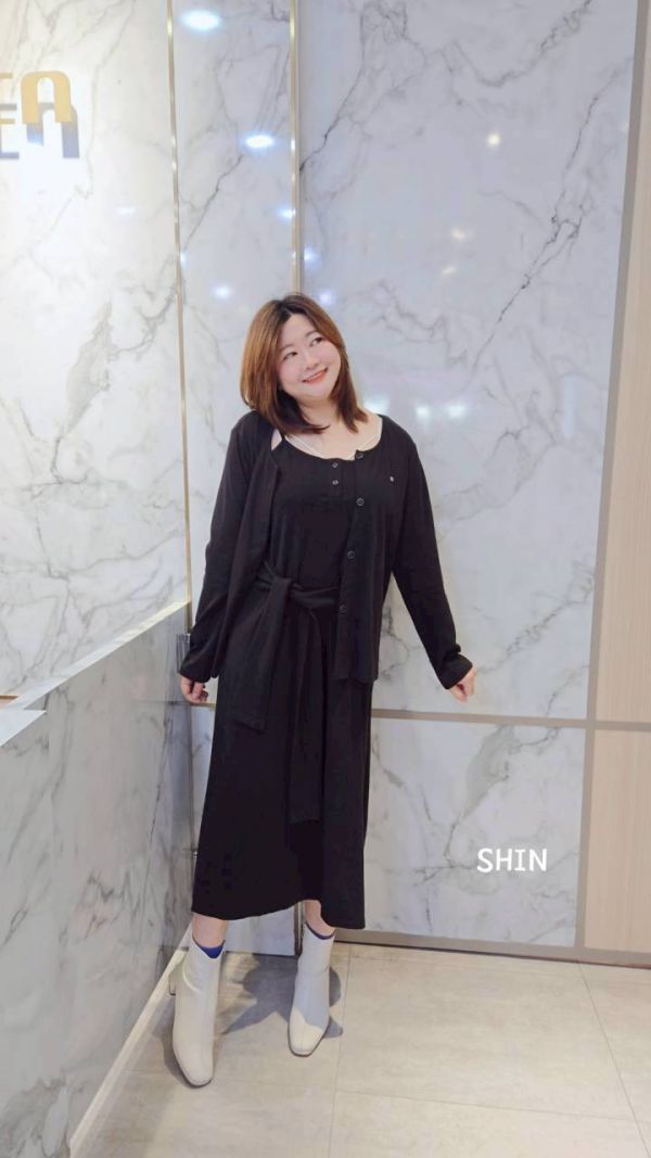 腰綁帶背心長洋+外套(黑/卡其) 