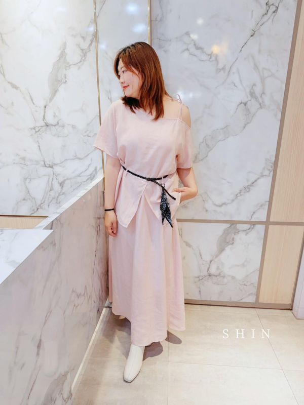 美的冒泡斜肩腰帶兩件套(粉/黑/藍) 