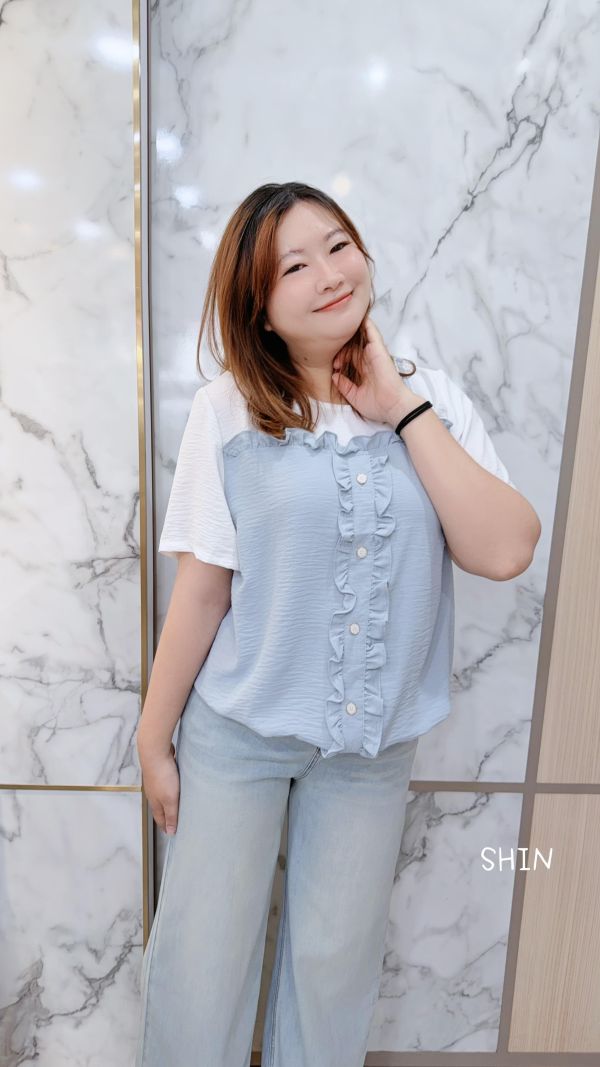 甜美細帶假兩件上衣(藍/粉) 