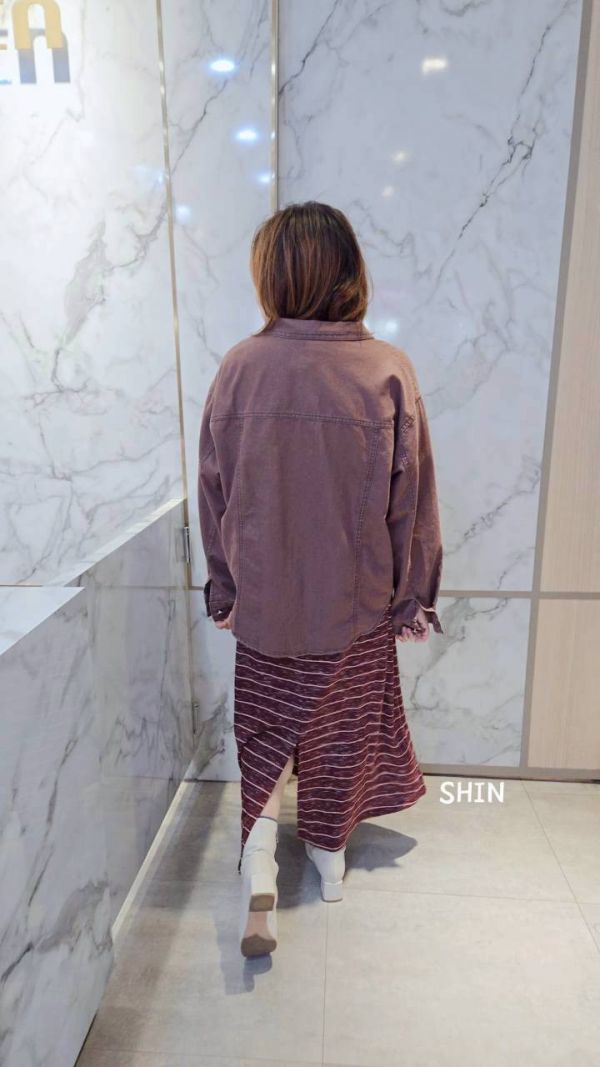 條紋長版洋+愛心襯衫外套(藍/酒紅) 