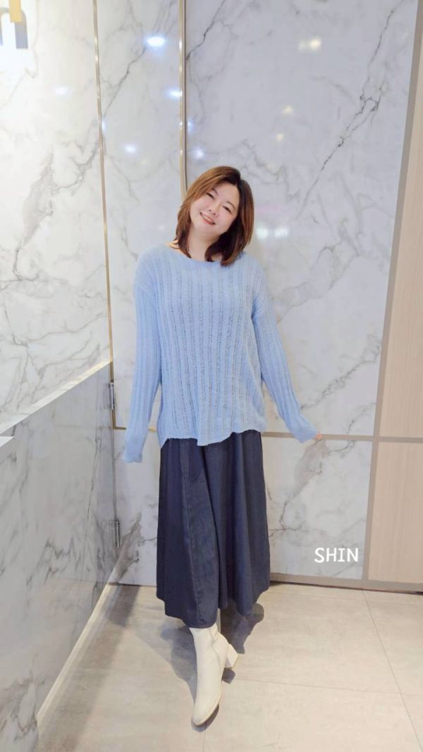 直紋針織衣+雪紡長版洋(粉/藍/灰) 