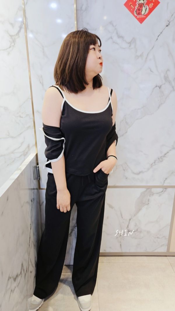3件式撞色邊套裝(黑/杏/藕粉) 