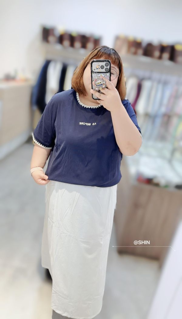 不失誤的螺紋毛線滾邊T(杏/深藍) 