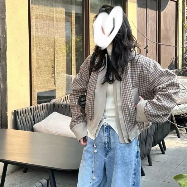 KOREA復古休閒立領兩面穿格紋夾克外套 