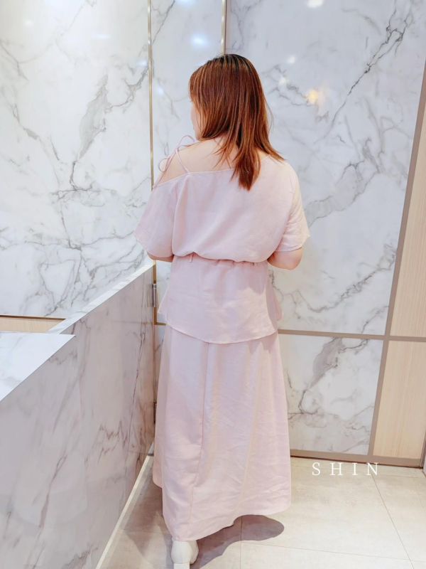 美的冒泡斜肩腰帶兩件套(粉/黑/藍) 