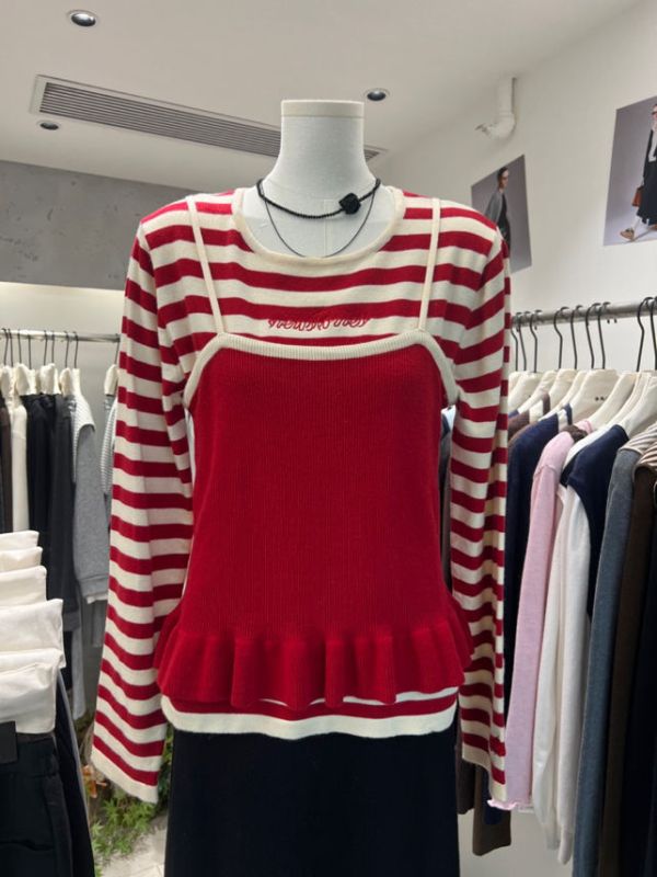 紅字條紋針織背心組(紅/黑) 