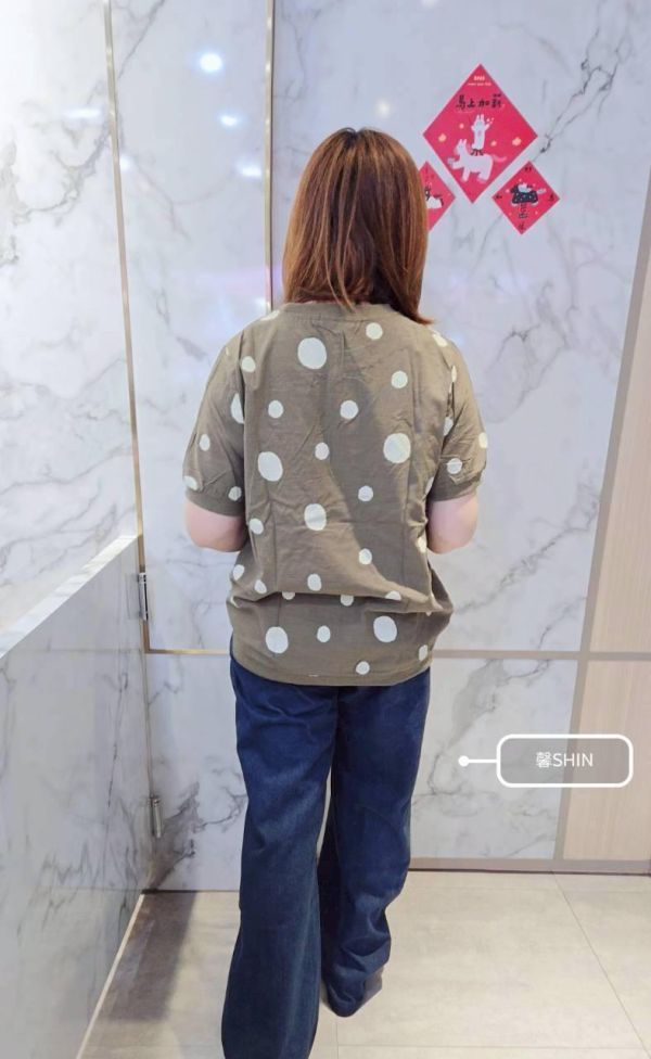 日系大小點點竹節棉麻上衣(綠/黑) 