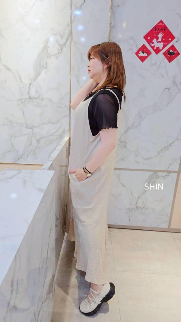 夏季度假坑條細肩下擺折長洋(卡其/灰) 