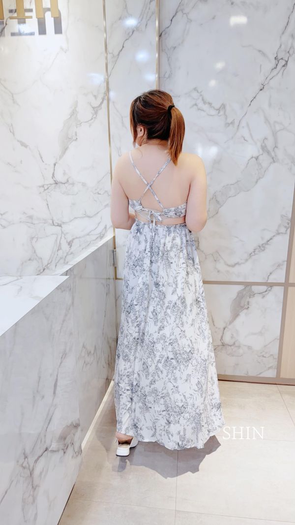 棉麻水墨花胸墊長洋(藍花/咖花) 