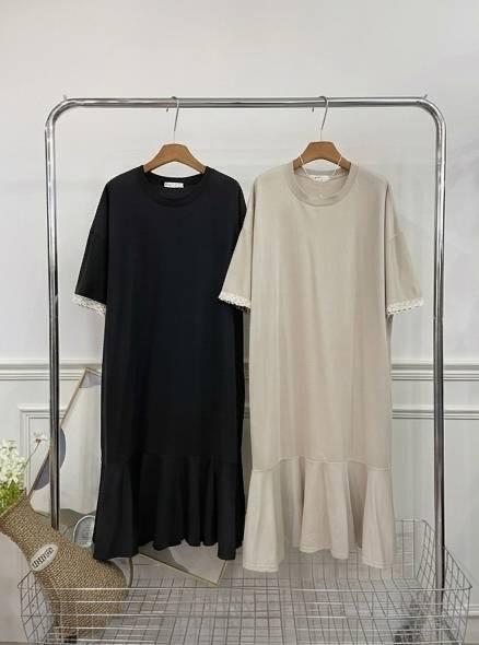 棉質手滾邊長版魚尾洋(黑/杏) 