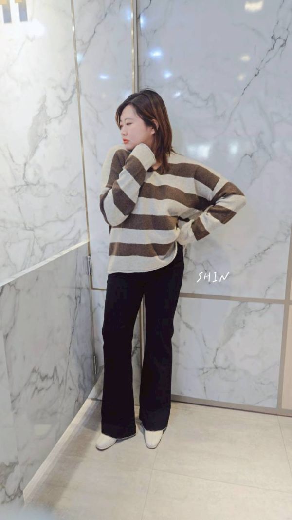 不修邊粗條紋毛衣(燕麥/黑白/白紅/橘/綠咖/藍) 